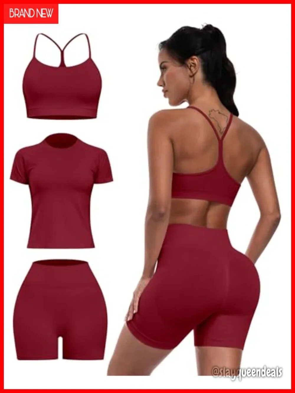 Seamless 3 Piece Workout Set Racerback Sports Bra Tank Top Gym Shorts